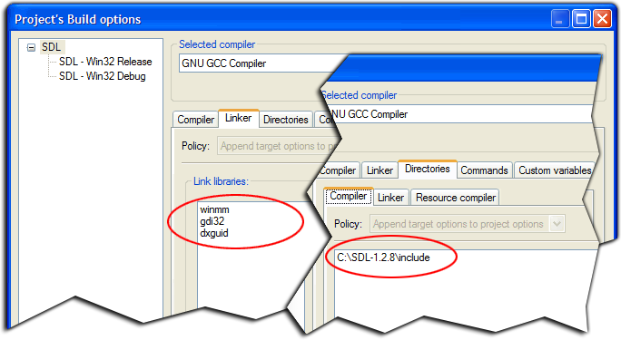 Include directory and link libraries for building SDL in Code::Blocks